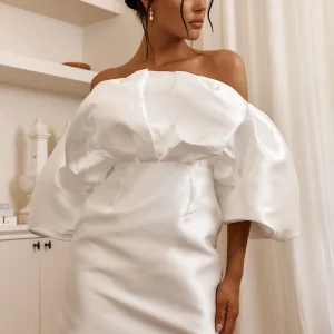 Puffed Neckline Mini Dress Off White